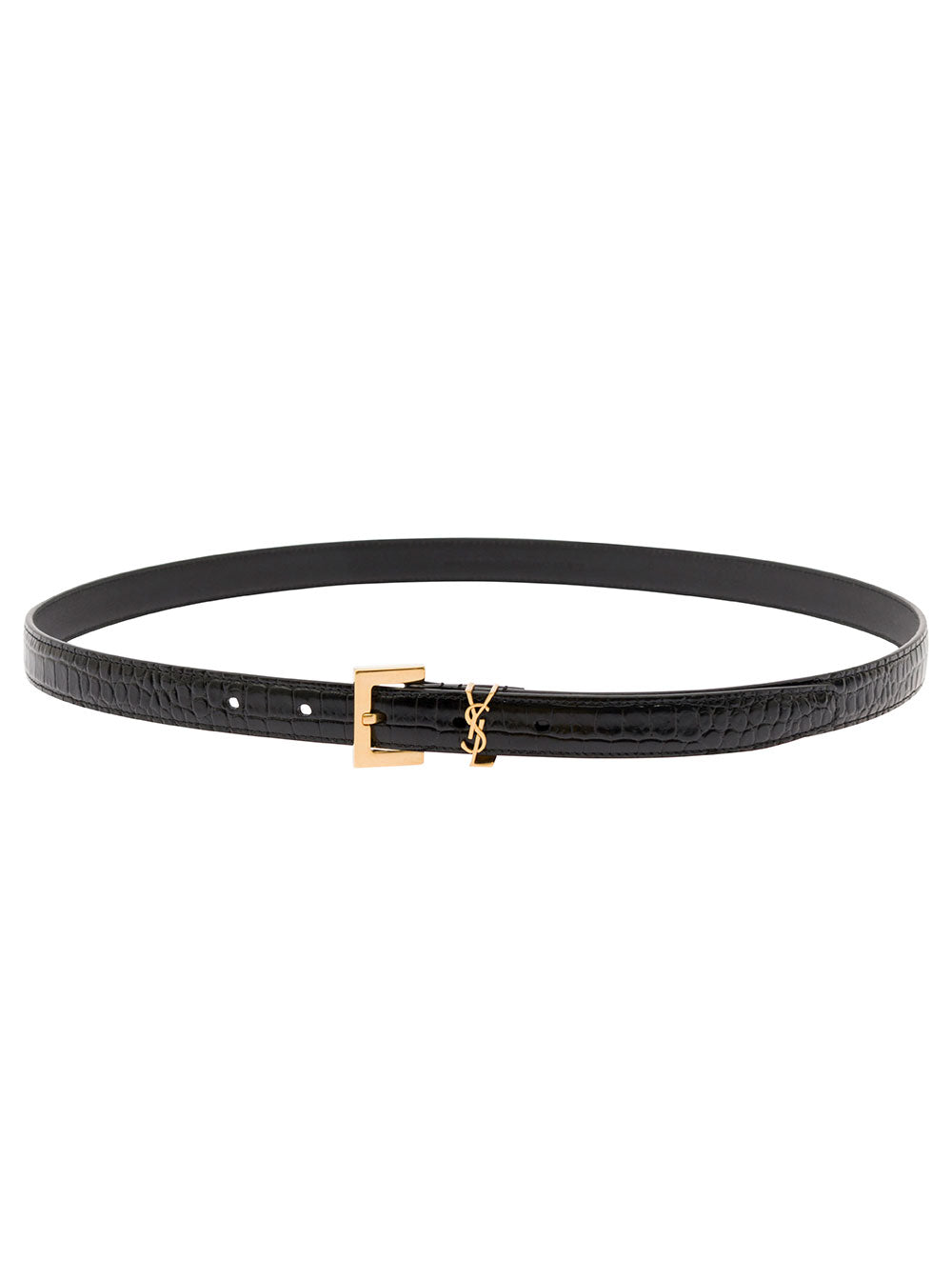 Saint Laurent Women Thin Belt 'Cassandre' In Crocodile-Embossed Leather Black Woman SAINT LAURENT