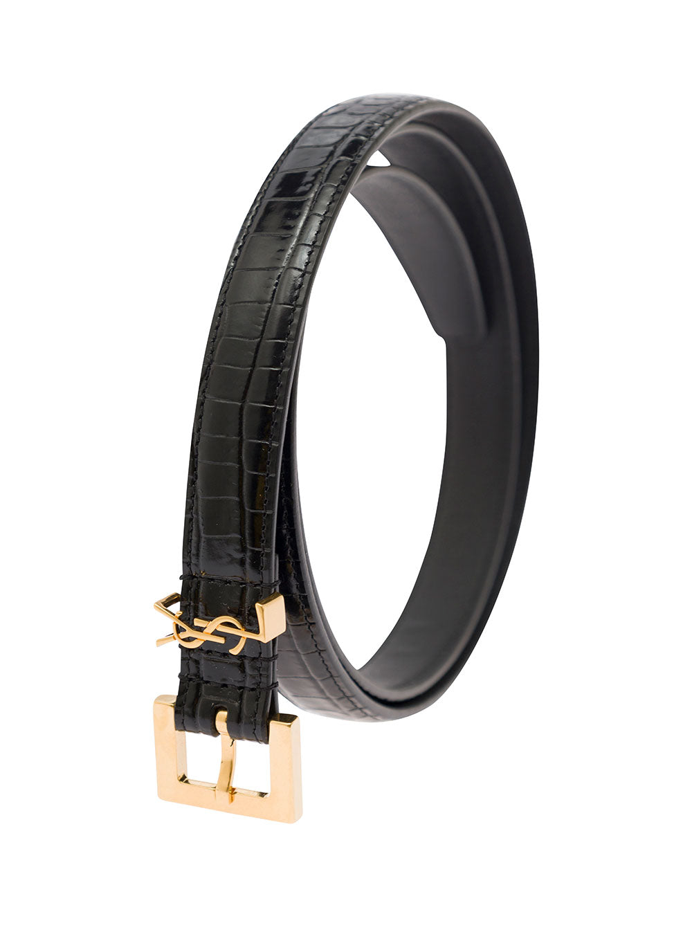 Saint Laurent Women Thin Belt 'Cassandre' In Crocodile-Embossed Leather Black Woman SAINT LAURENT