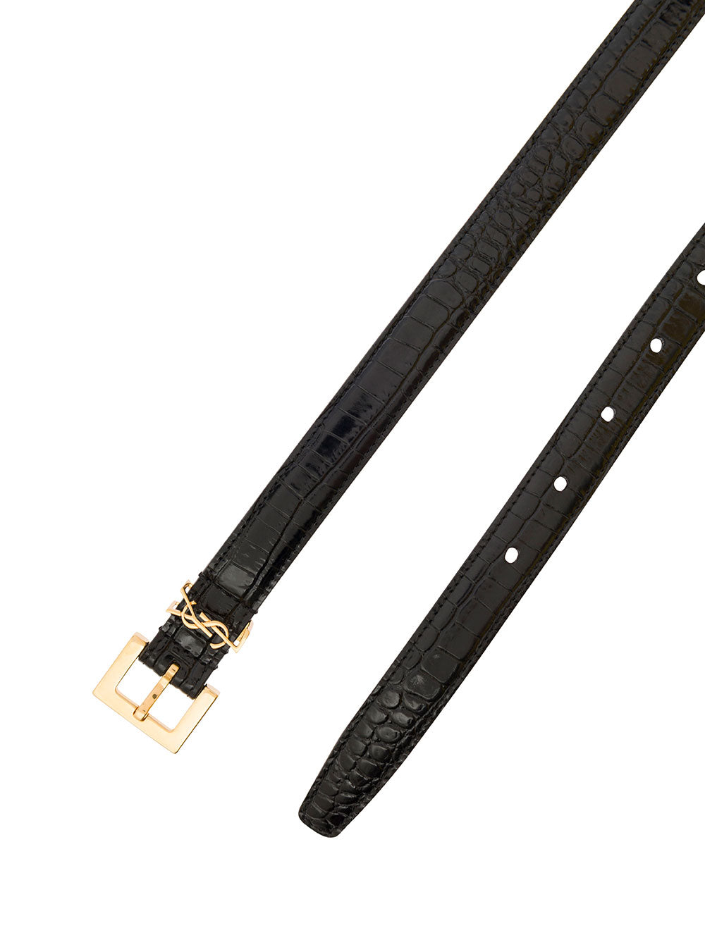 Saint Laurent Women Thin Belt 'Cassandre' In Crocodile-Embossed Leather Black Woman SAINT LAURENT