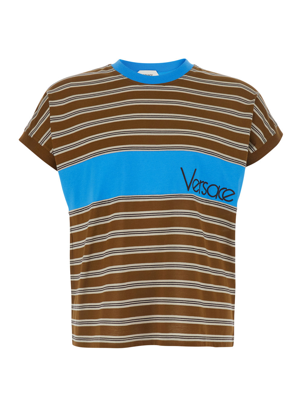 Versace Men Brown T-Shirt With Striped Motif And Logo Lettering On The Front In Cotton Men VERSACE
