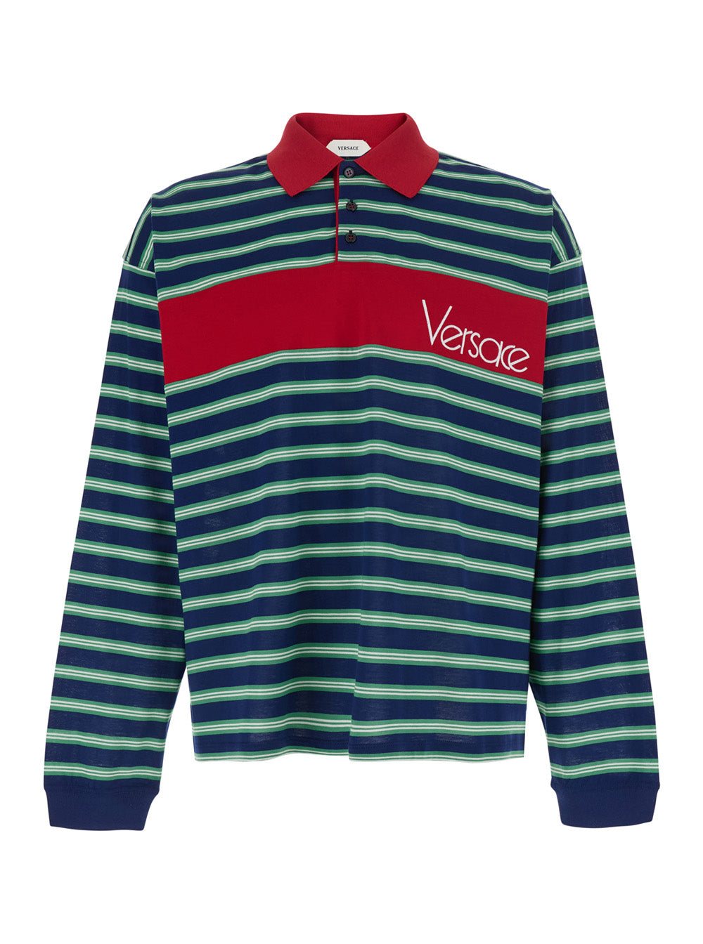 Versace Men Blue And Red Polo With Striped Motif And Logo Lettering On The Front In Cotton For Men VERSACE