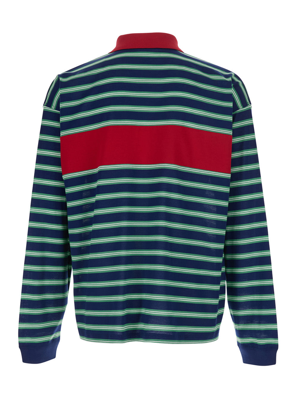 Versace Men Blue And Red Polo With Striped Motif And Logo Lettering On The Front In Cotton For Men VERSACE