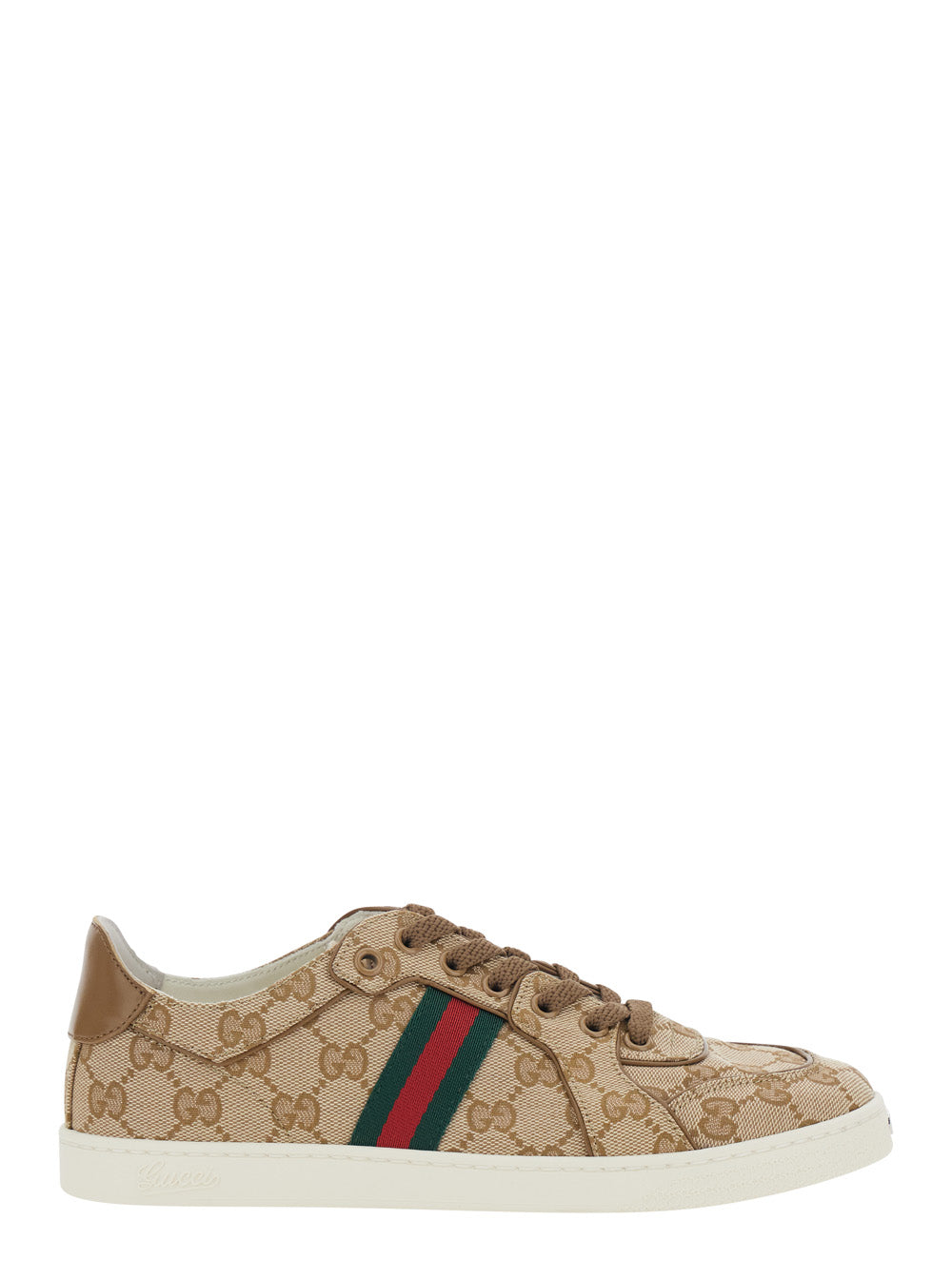 Gucci Women 'Stretch' Beige Sneaker With All-Over Gg Motif And Web Detail In Fabric And Leather Women
