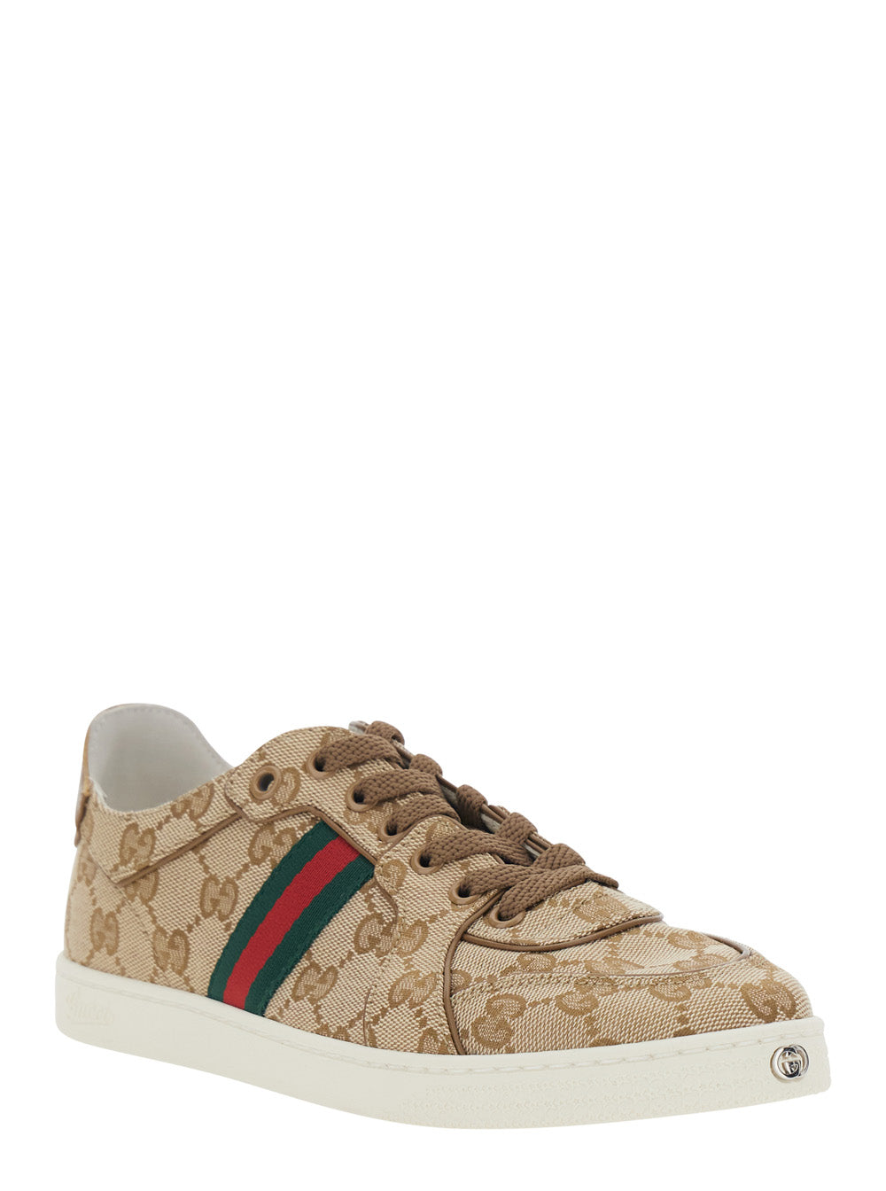 Gucci Women 'Stretch' Beige Sneaker With All-Over Gg Motif And Web Detail In Fabric And Leather Women
