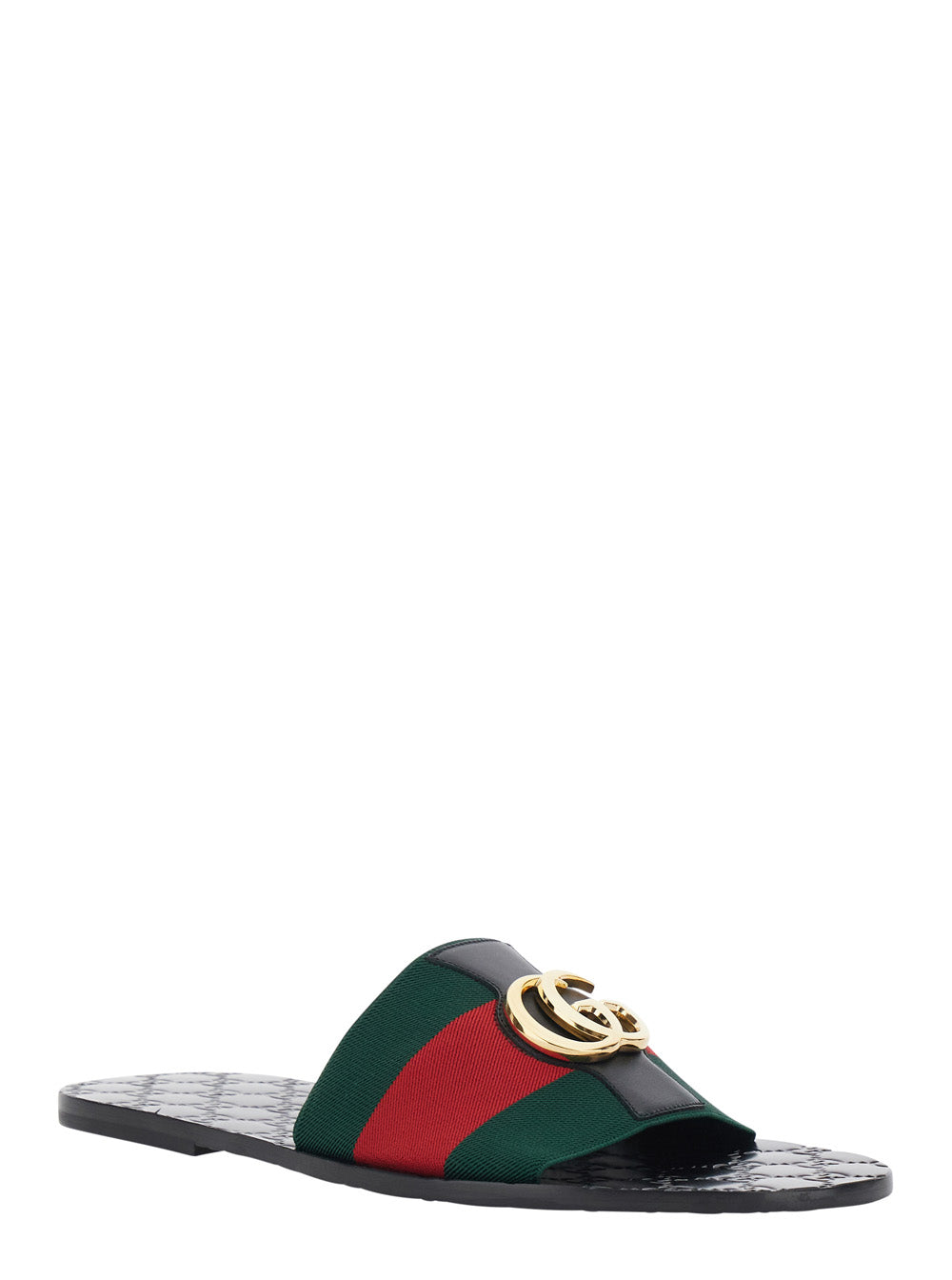 Gucci Men 'Riviera' Black Sandals With Web Stripe And Metallic Gg Logo In Leather And Tech Fabric Men