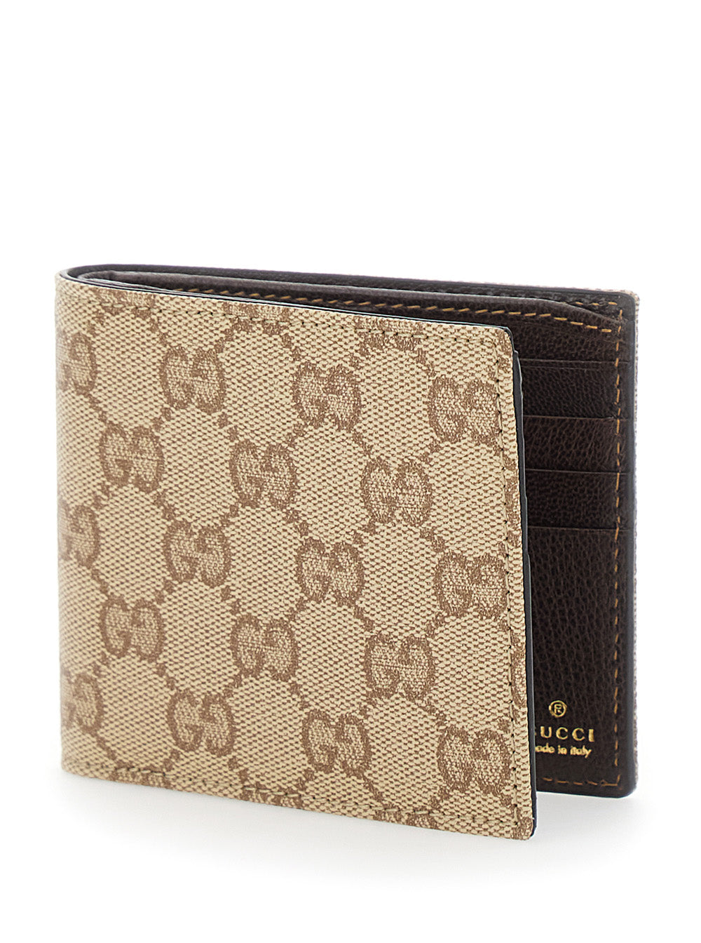 Gucci Men Beige Bi-Fold Wallet With Logo Lettering On The Inside In Gg Canvas For Men