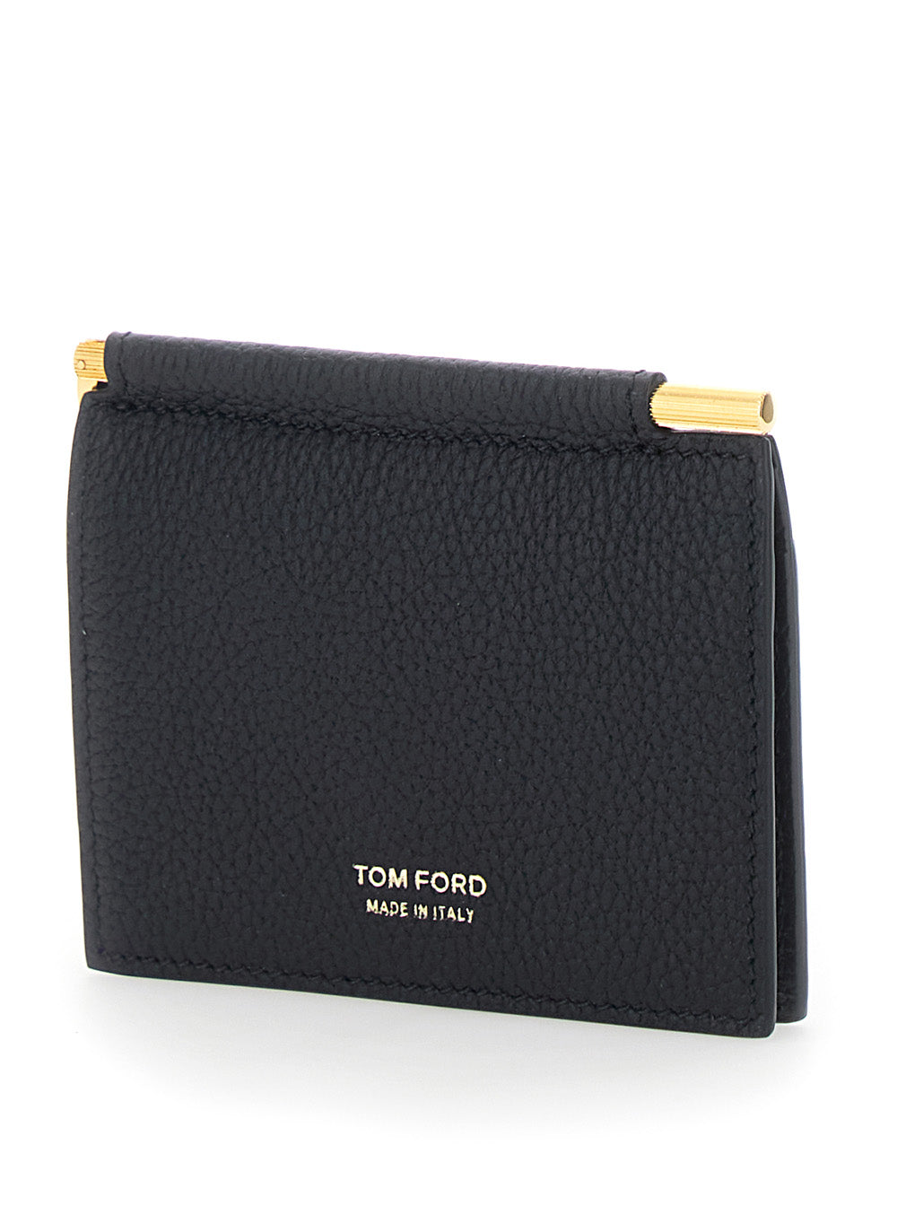 Tom Ford Men Black Bi-Fold Wallet With Money Clip And Logo Lettering On The Front In Leather For Men