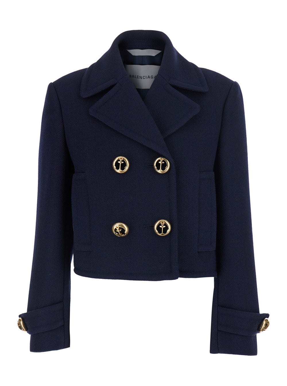 Balenciaga Women Blue Cropped Jacket With Wide Notched Revers And Halfbelt In Wool For Women