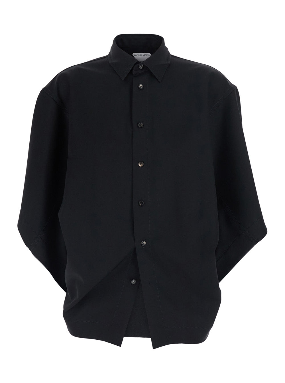 Bottega Veneta Women Black Shirt With Classic Collar And Oversized Short Sleeves In  Wool For Women