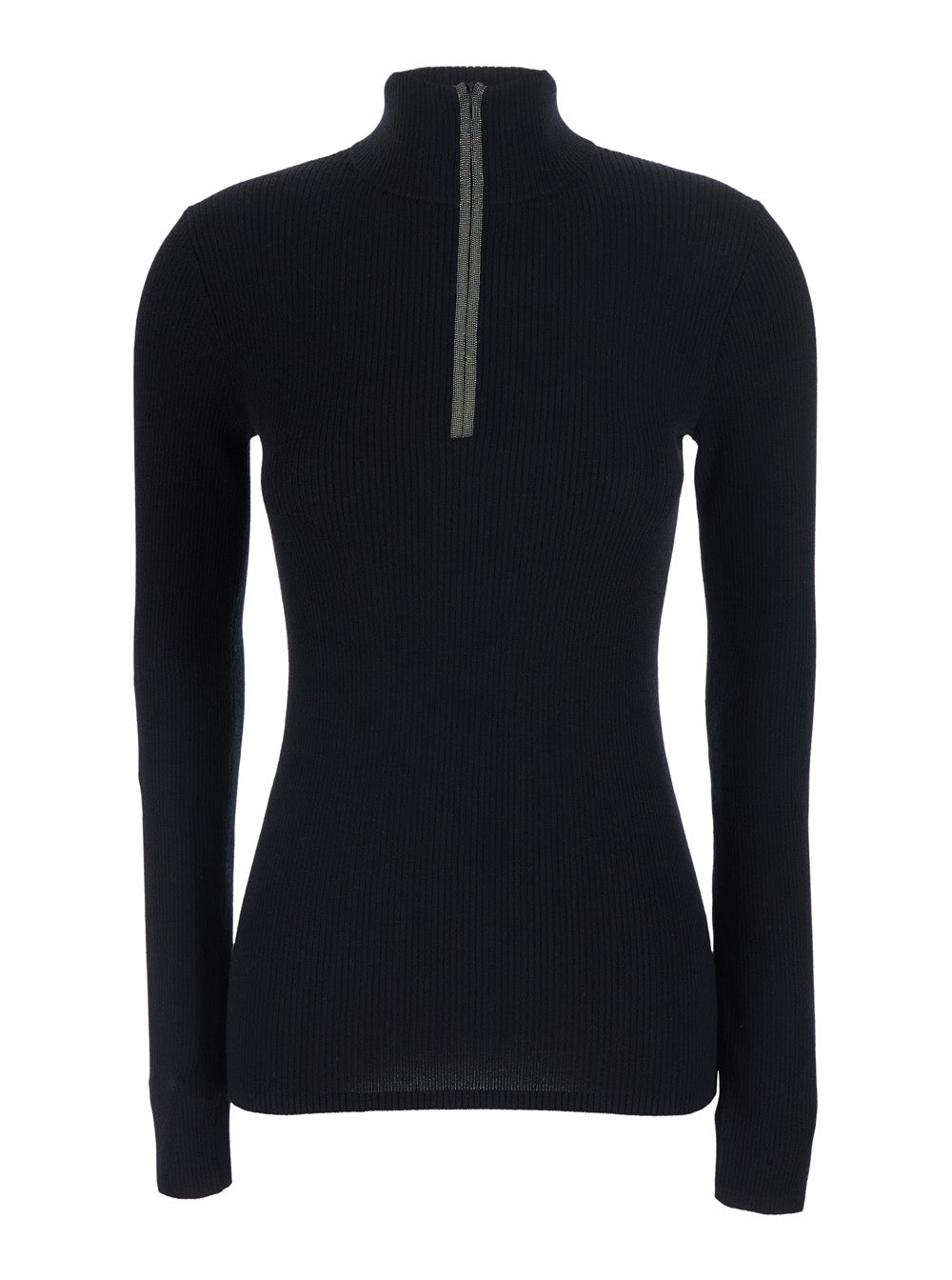 Brunello Cucinelli Women Black Turtleneck Sweater With Front Zip Closure And Monil Detail In Wool And Cashmere For Women