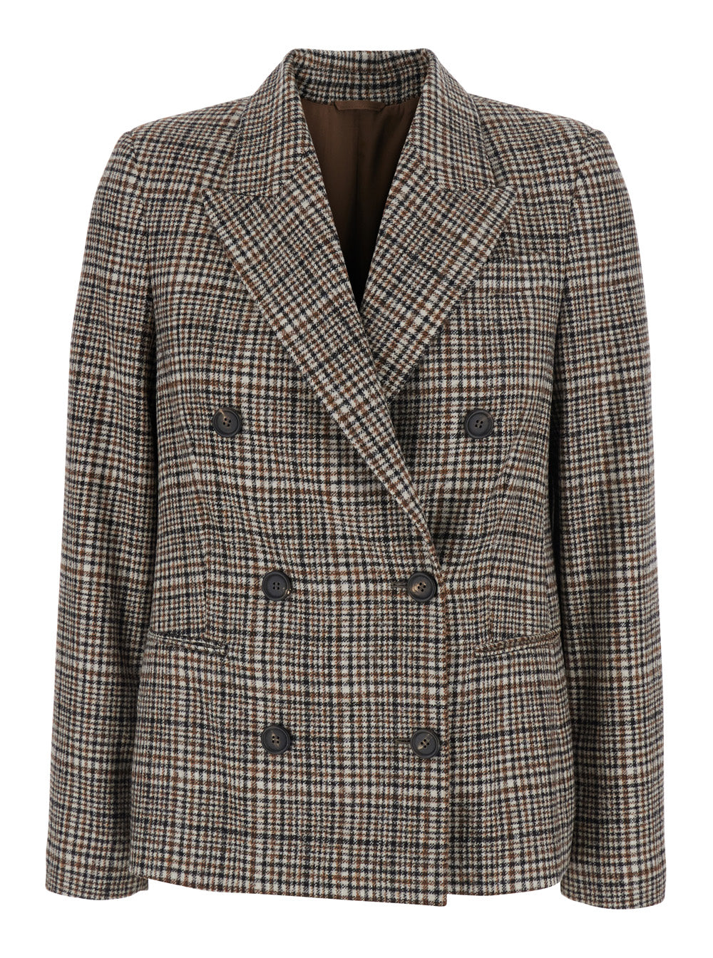 Brunello Cucinelli Women Beige Double-Breasted Jacket With Peak Revers And All-Over Check Motif In Wool For Women BRUNELLO CUCINELLI