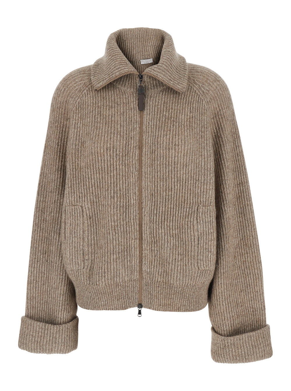Brunello Cucinelli Women Beige Cardigan With Turn-Down Collar And Monil On Zipper In Cashmere Blend For Women BRUNELLO CUCINELLI