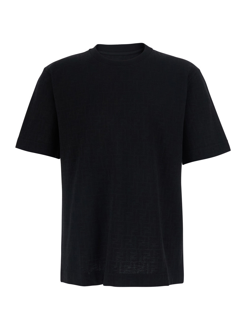 Fendi Men Black Crew Neck T-Shirt With All-Over Ff Motif In Cotton For Men