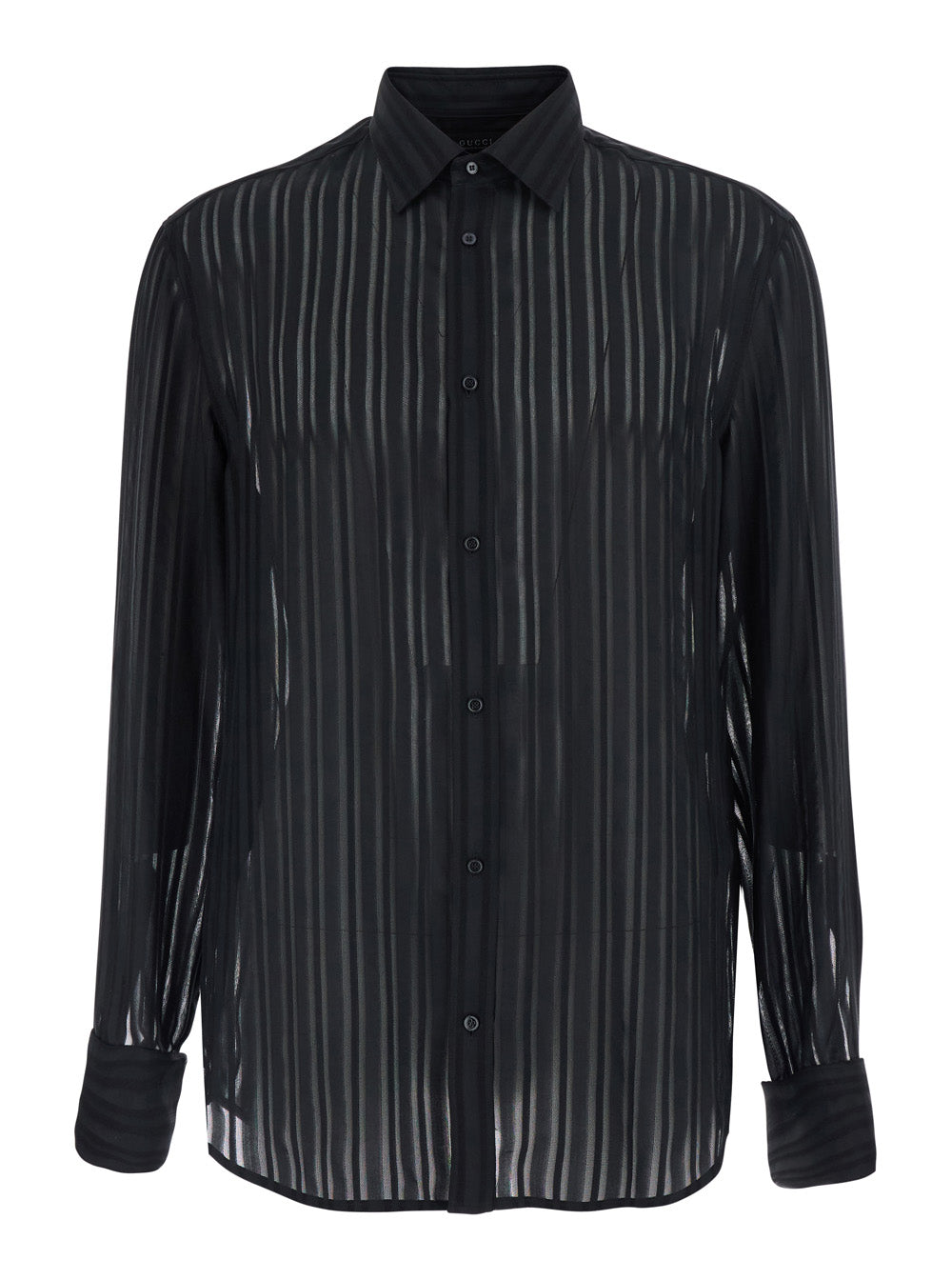 Gucci Men Black Shirt With Classic Collar And All-Over Striped Pattern In Silk For Men