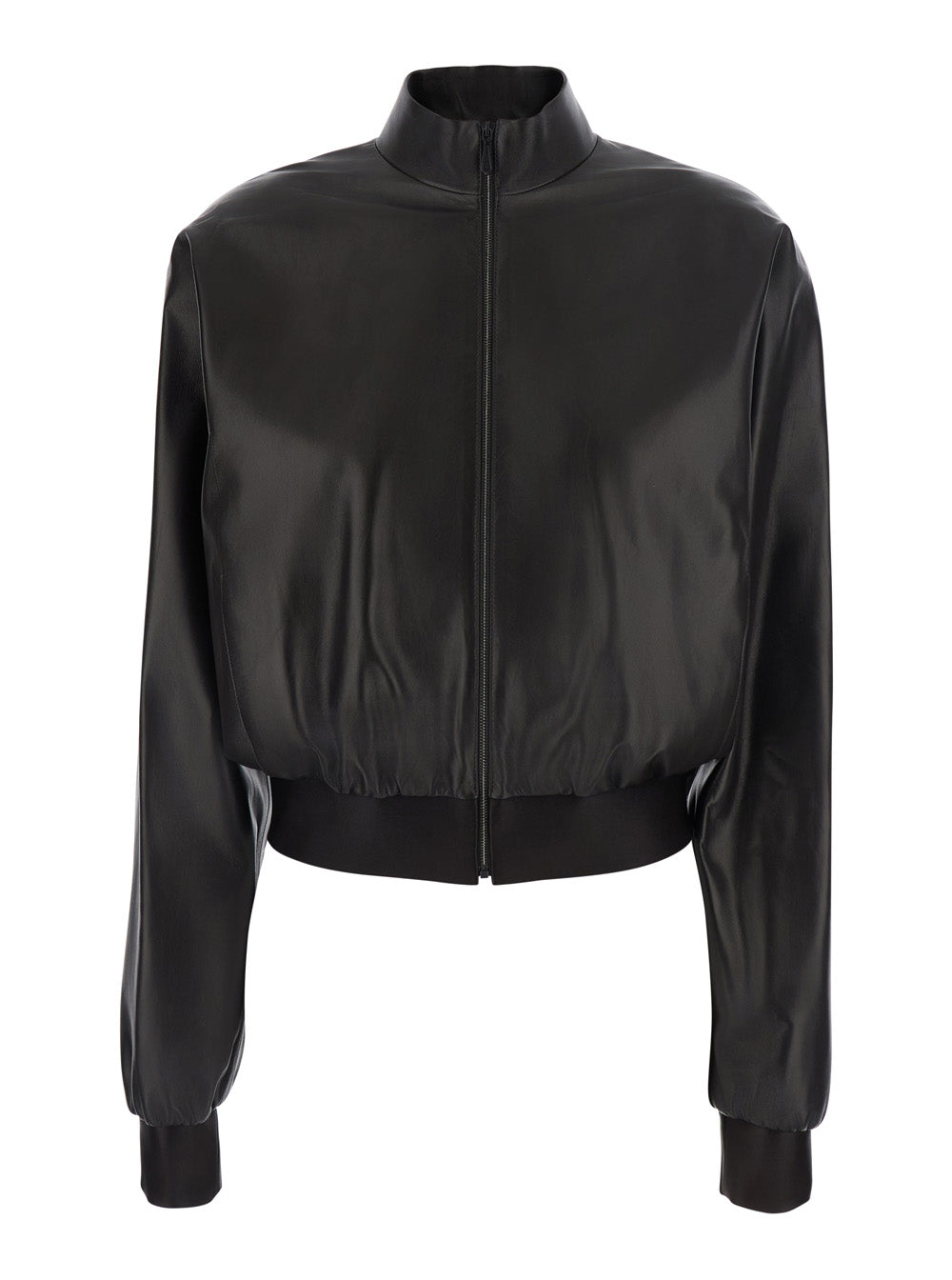 Gucci Women Black Cropped Bomber Jacket With High Collar In Leather For Women