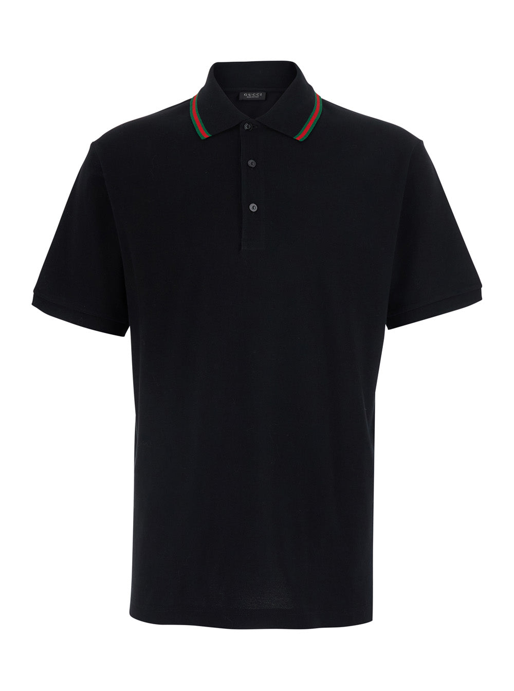 Gucci Men Black Polo Shirt With Web Collar And Short Sleeves In Cotton For Men