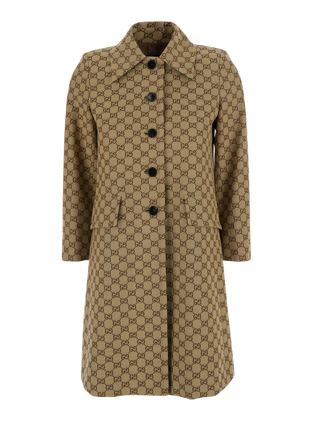 Gucci Women Beige Coat With Pointed  Collar In Gg Canvas For Women