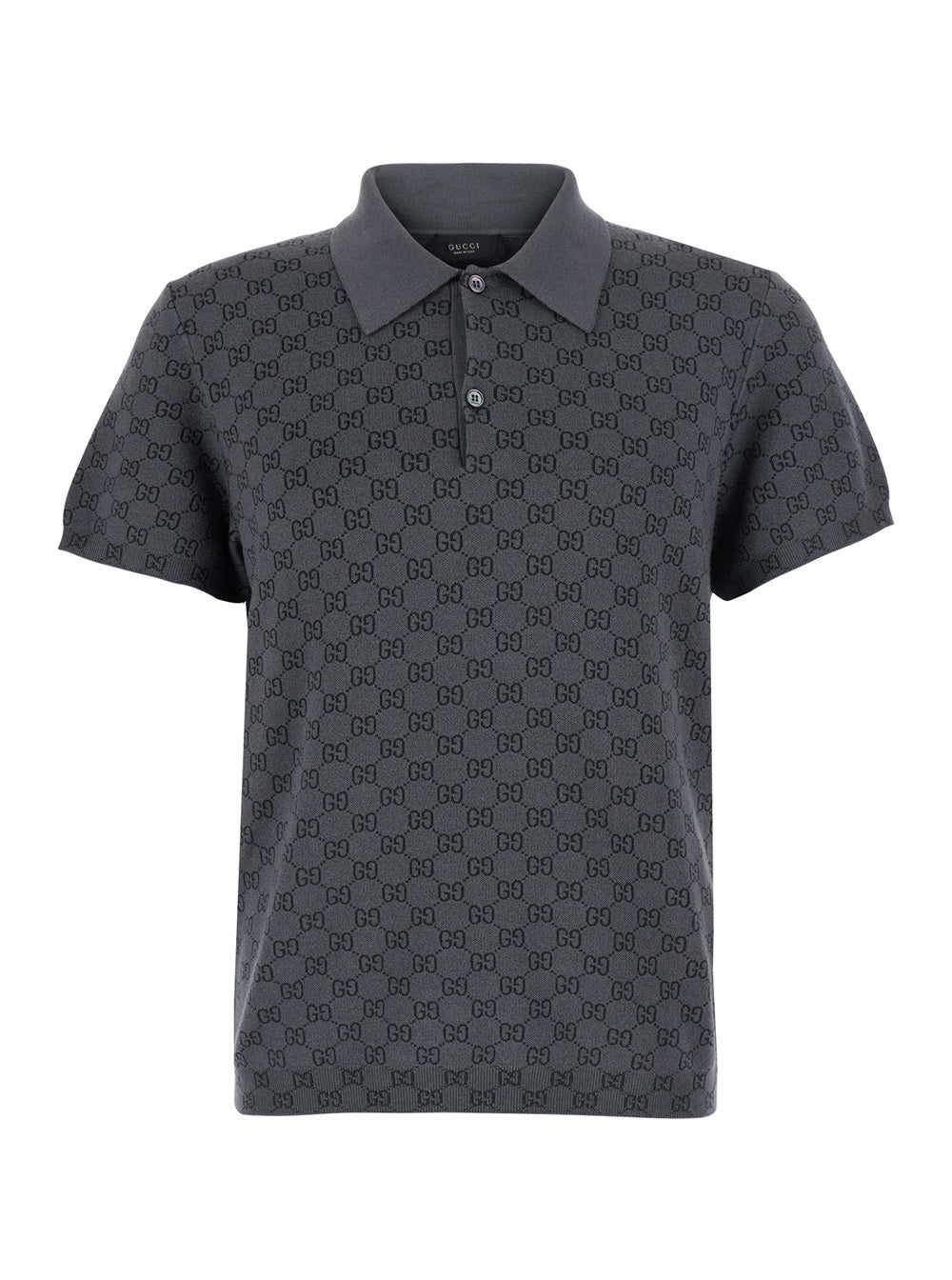 Gucci Men Gray Polo. Shirt With Classic Collar And All-Over Gg Logo In Wool And Silk For Men