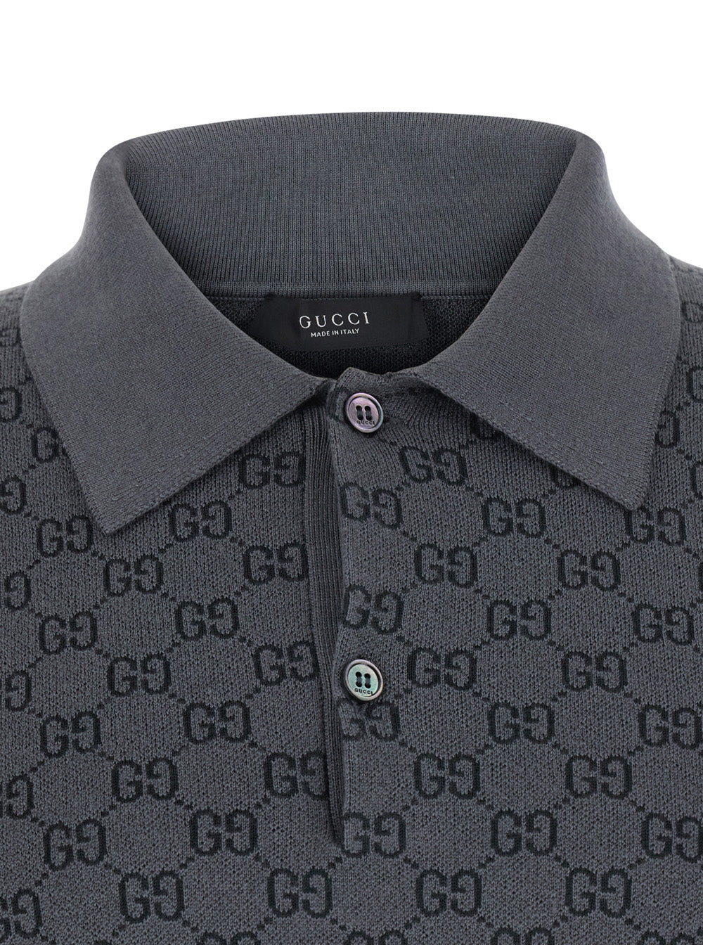 Gucci Men Gray Polo. Shirt With Classic Collar And All-Over Gg Logo In Wool And Silk For Men