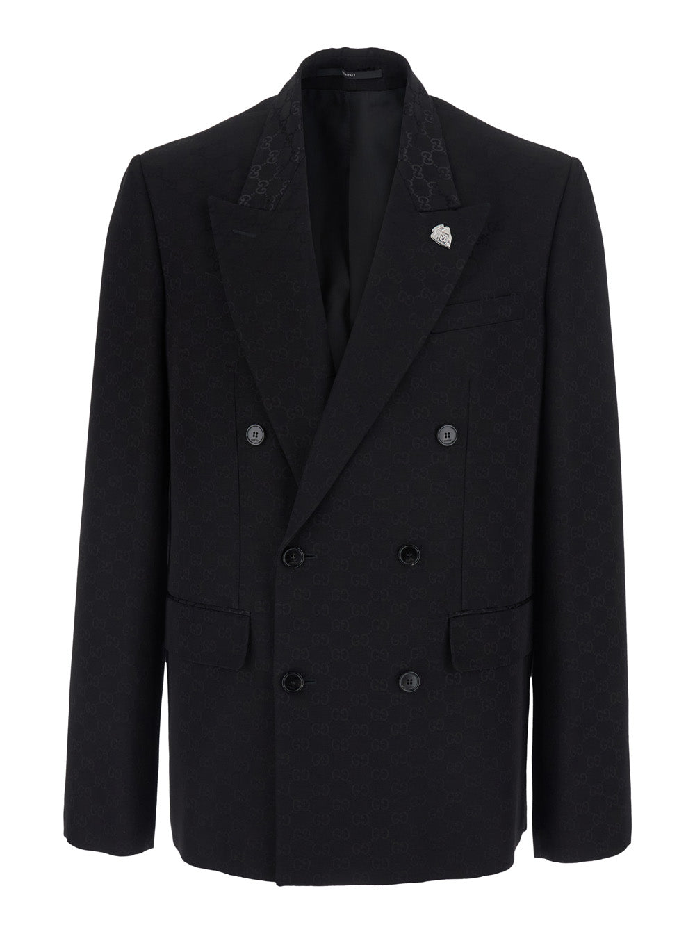 Gucci Men Black Double-Breasted Jacket With Peak Revers And Gg Motif In Cotton Blend For Men
