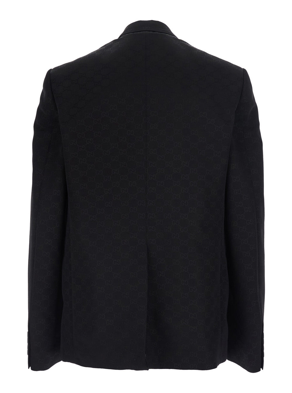 Gucci Men Black Double-Breasted Jacket With Peak Revers And Gg Motif In Cotton Blend For Men