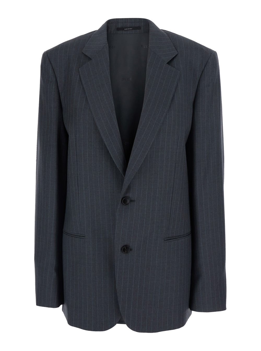 Gucci Women Grey Single-Breasted Jacket With Notched Revers And Pinstripe Motif In Wool For Women