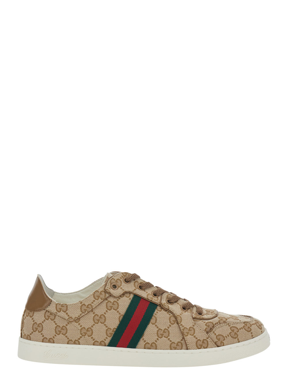 Gucci Men Beige Low Top Sneakers With Web Detail On The Side And Gg Plate On The Front In Gg Canvas For Men