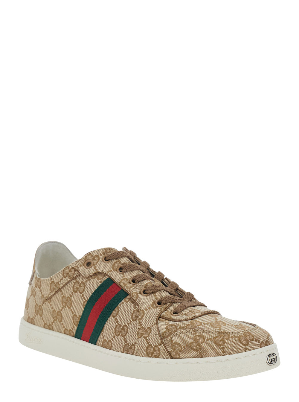 Gucci Men Beige Low Top Sneakers With Web Detail On The Side And Gg Plate On The Front In Gg Canvas For Men