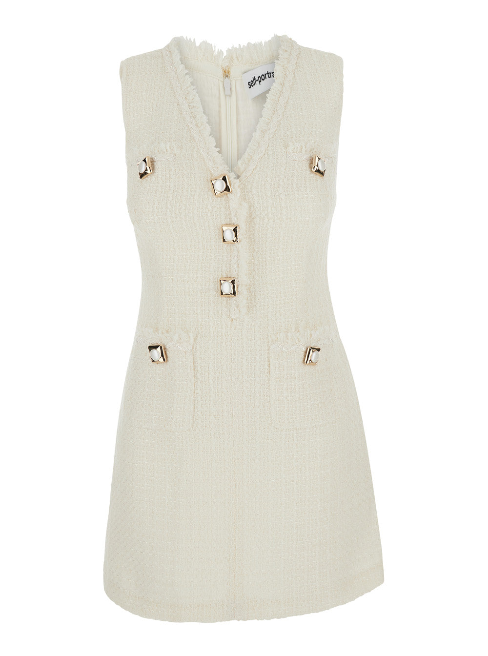 Self-Portrait Women White Sleeveless Mini Dress With V-Neck And Jewel Buttons In Tech Fabric For Women SELF-PORTRAIT