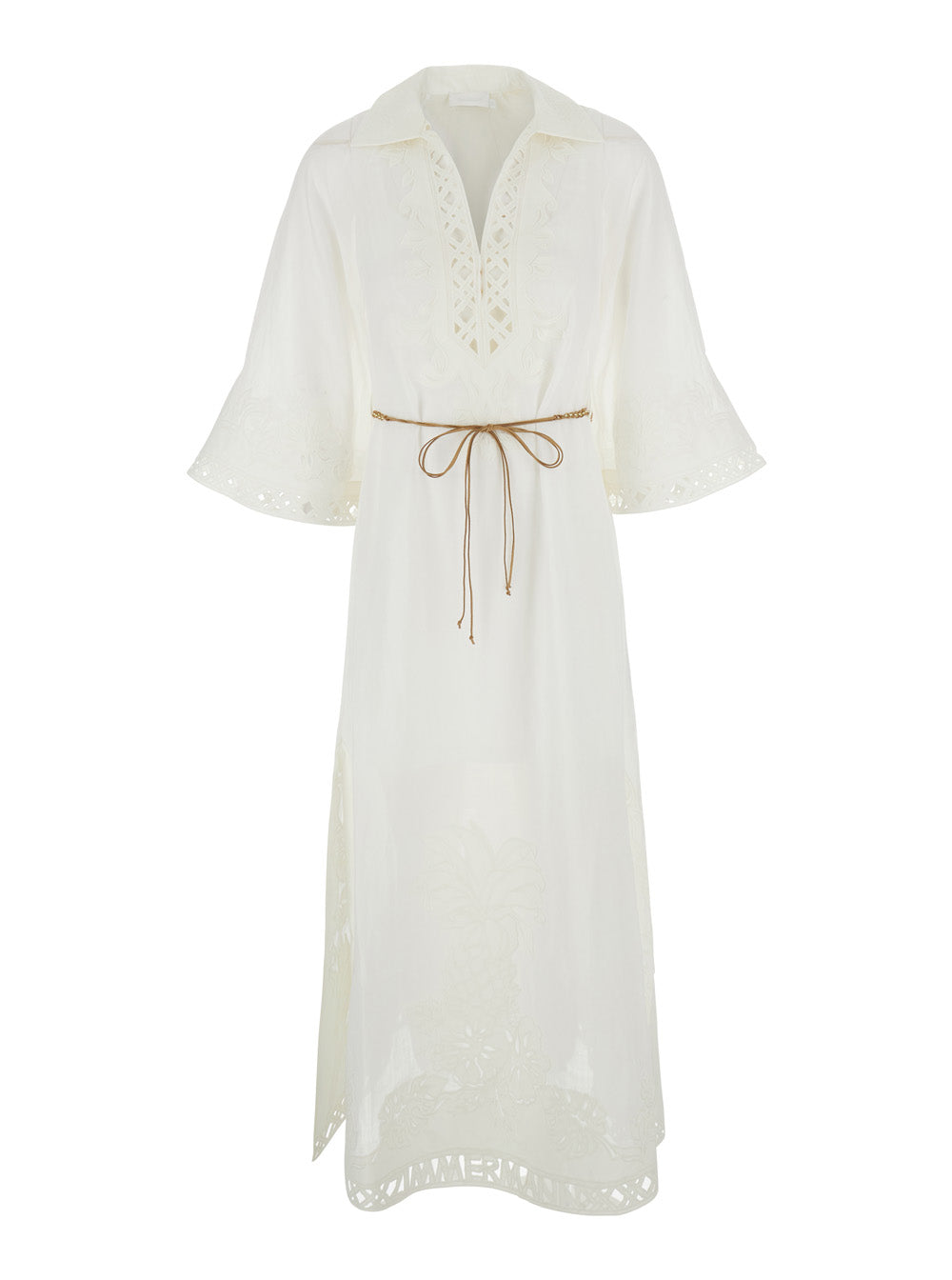 Zimmermann Women 'Indra' White Long Dress With Wide Collar And All-Over Floral Embroidery In Ramie For Women