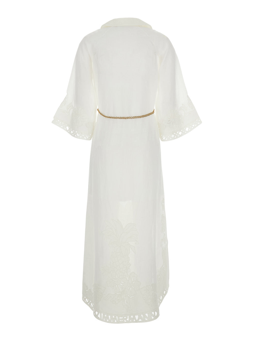 Zimmermann Women 'Indra' White Long Dress With Wide Collar And All-Over Floral Embroidery In Ramie For Women