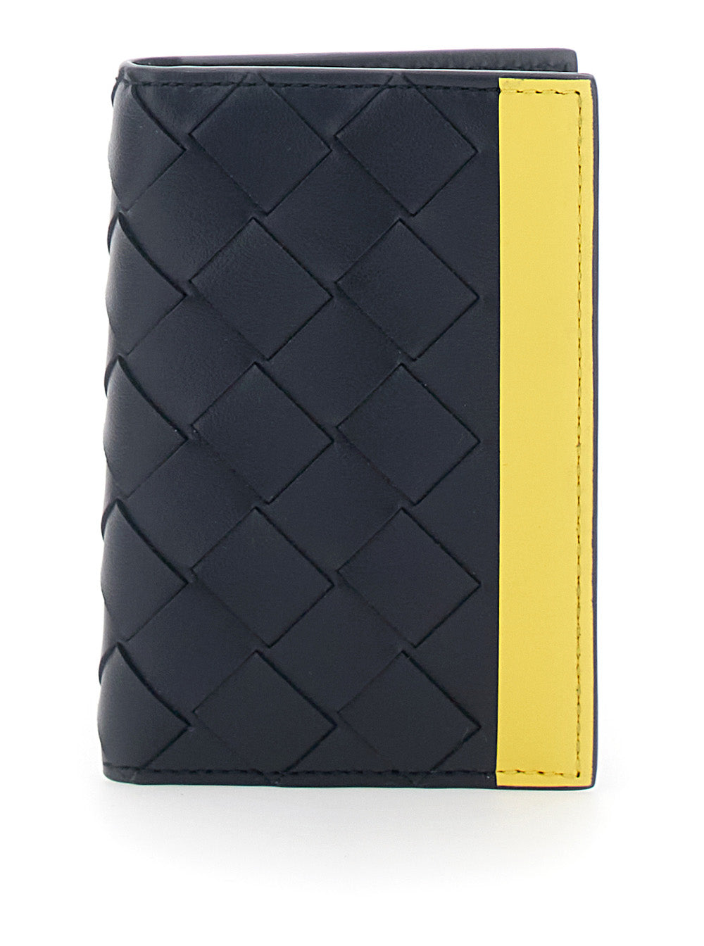 Bottega Veneta Men Blue Cardholder With Intreccio Design And Yellow Stripe In Leather For Men