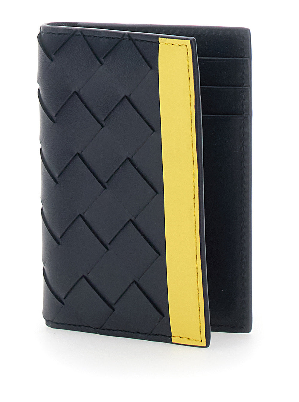 Bottega Veneta Men Blue Cardholder With Intreccio Design And Yellow Stripe In Leather For Men