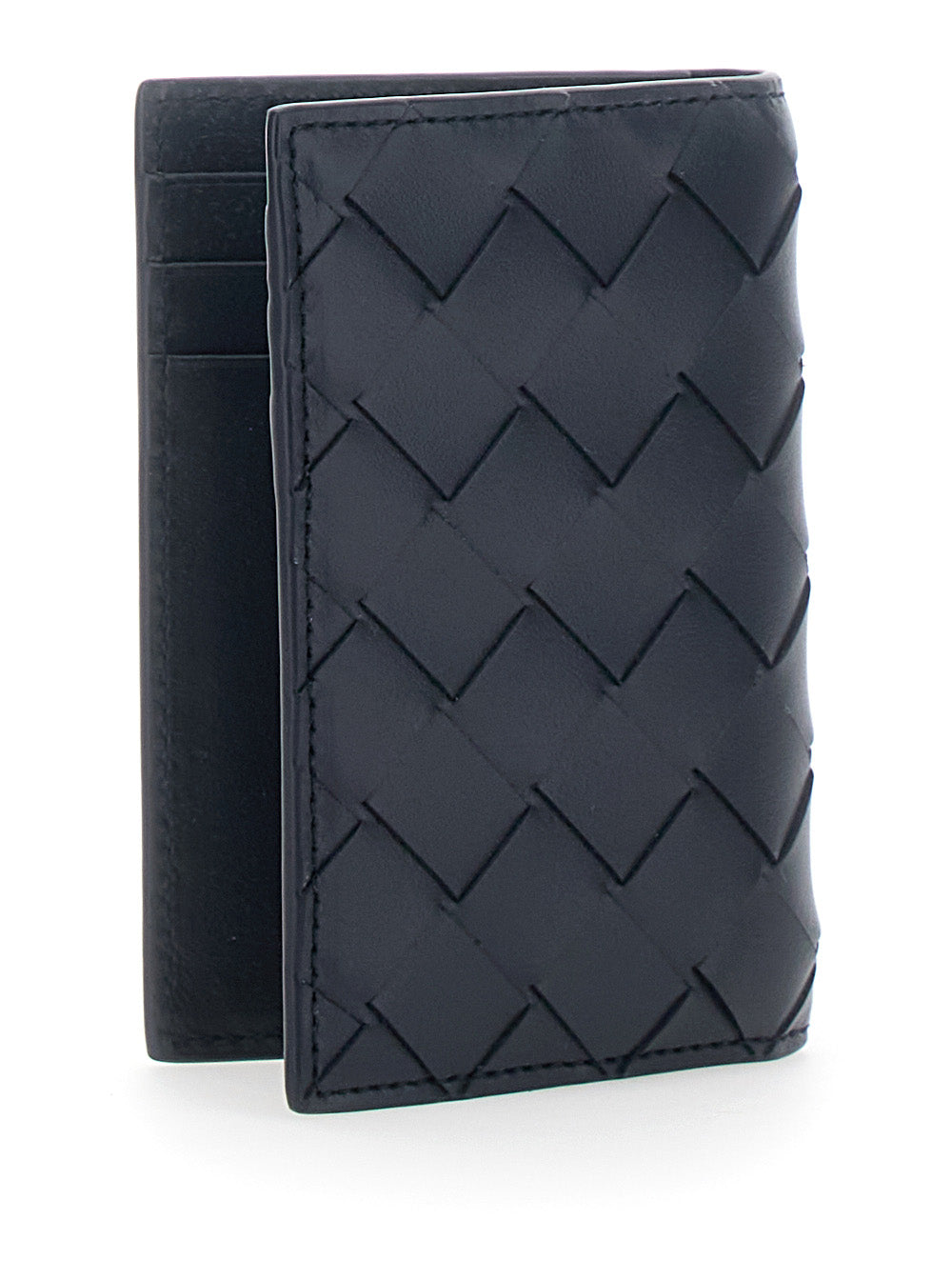 Bottega Veneta Men Blue Cardholder With Intreccio Design And Yellow Stripe In Leather For Men