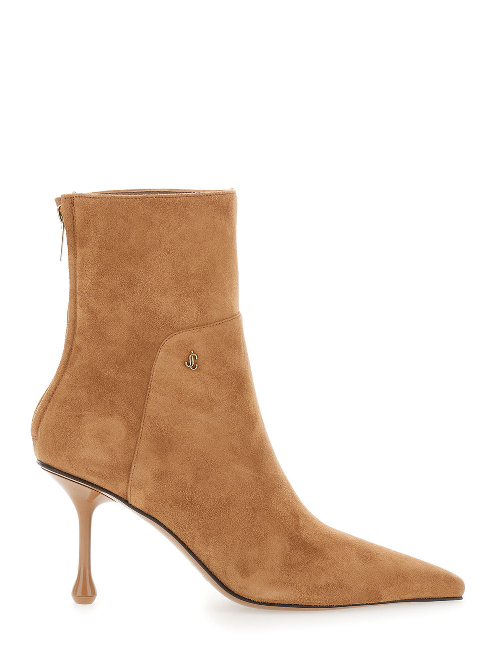 Jimmy Choo Women 'Cycas' Beige High-Heeled Ankle Boots With Metallic Logo On The Front In Suede For Women JIMMY CHOO
