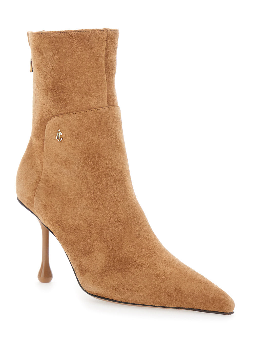 Jimmy Choo Women 'Cycas' Beige High-Heeled Ankle Boots With Metallic Logo On The Front In Suede For Women JIMMY CHOO