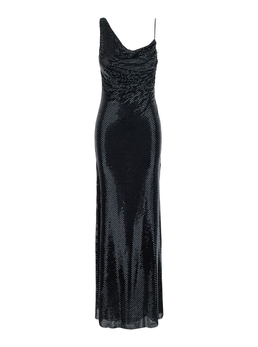 Self-Portrait Women Black Long Dress With Draping And Rhinestones In Tech Fabric Woman SELF-PORTRAIT