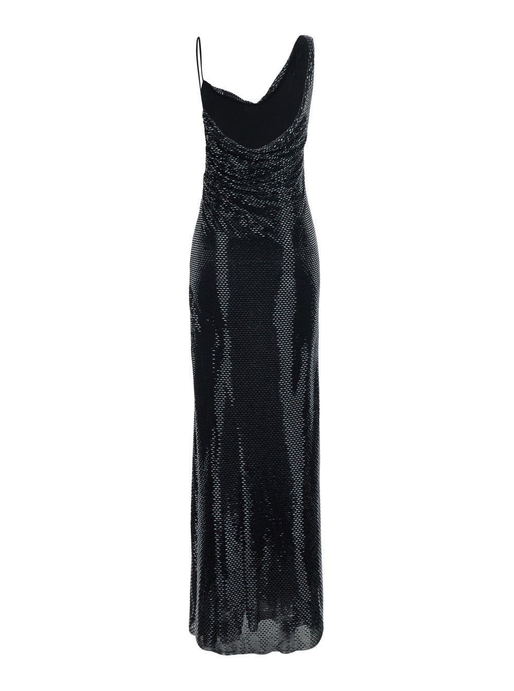 Self-Portrait Women Black Long Dress With Draping And Rhinestones In Tech Fabric Woman SELF-PORTRAIT