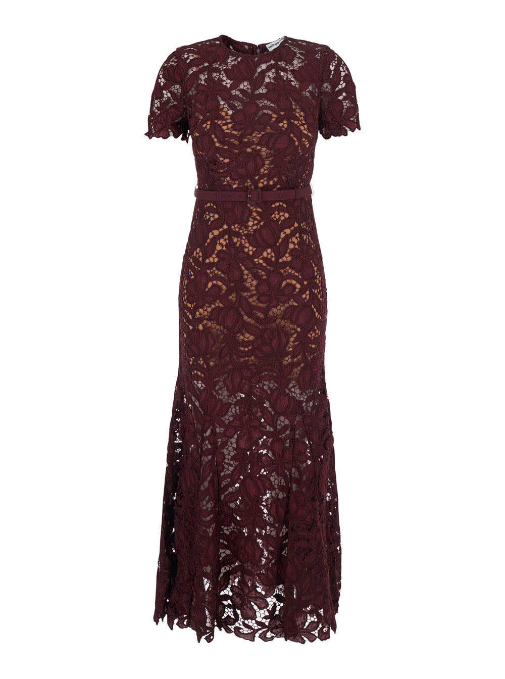 Self-Portrait Women Burgundy Long Dress With Lace Details And Round Neckline In Fabric For Women