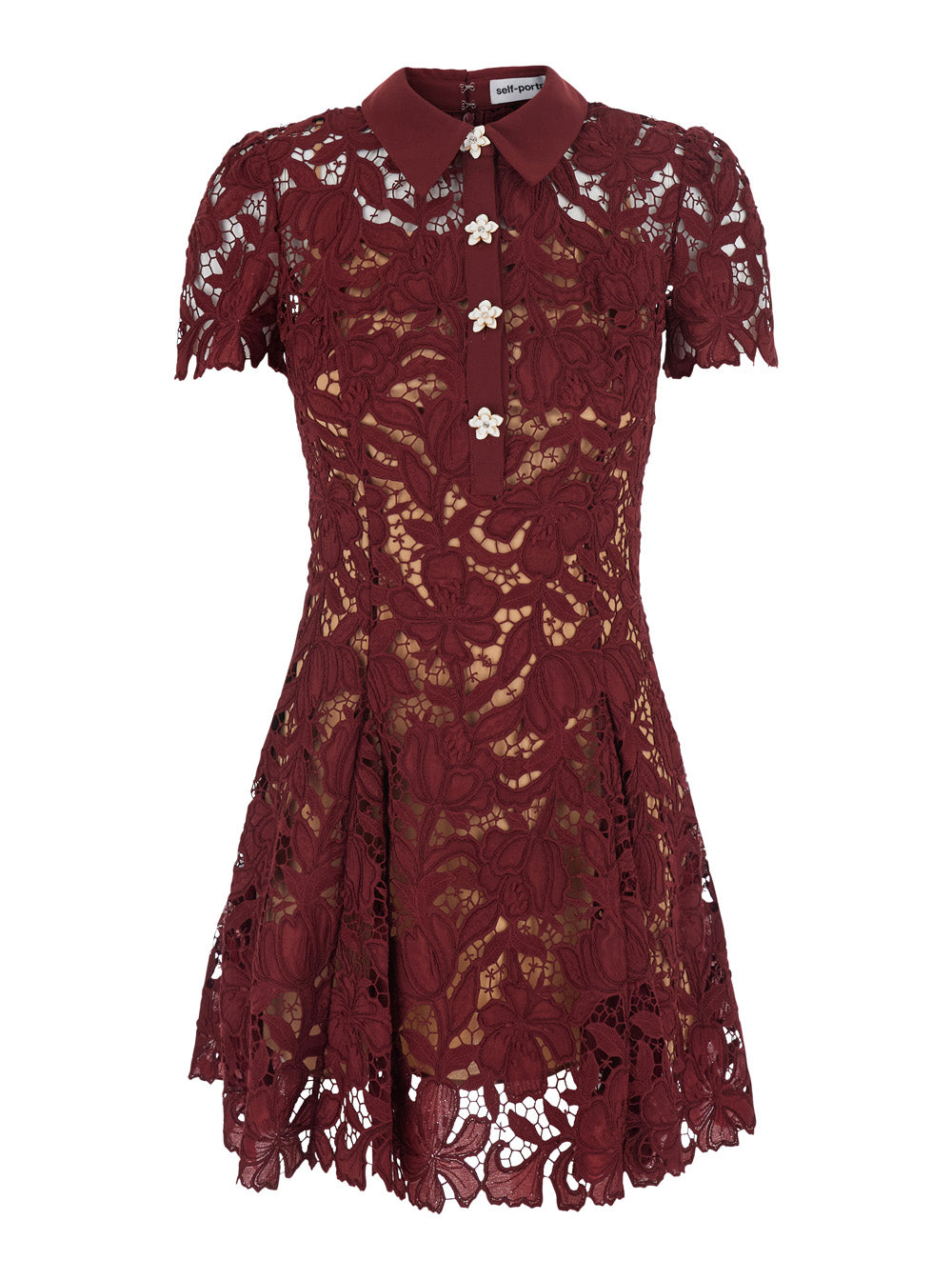 Self-Portrait Women Burgundy Mini Dress With Lace Details And Flower-Shaped Buttons In Fabric For Women