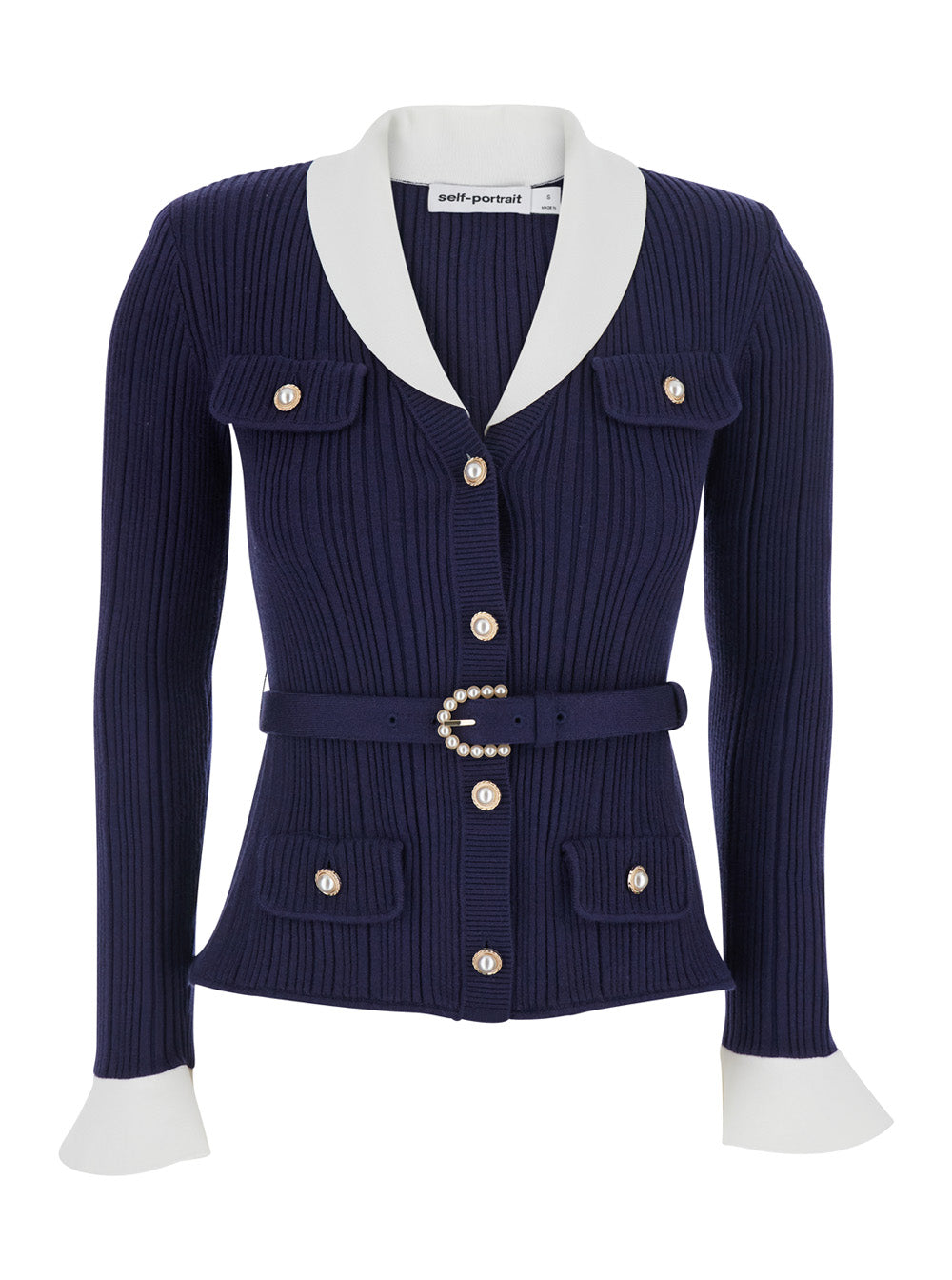 Self-Portrait Women Blue Cardigan With Ribbed Texture And Long Sleeves In Fabric And Cotton Woman SELF-PORTRAIT