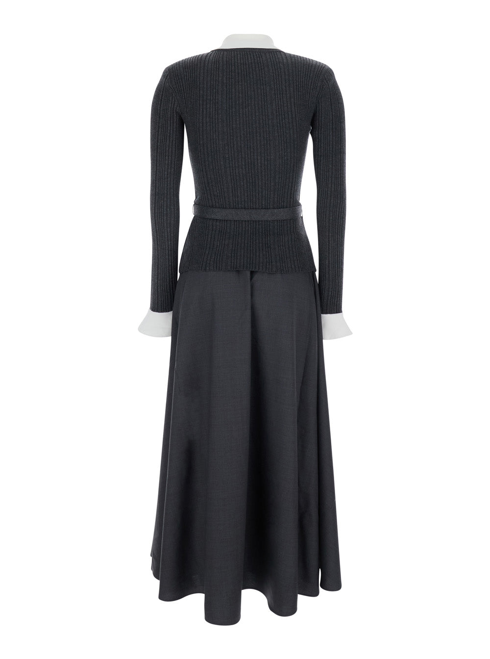 Self-Portrait Women Grey Long Dress With V-Neck And Ribbed Design In Tech Fabric And Cotton Woman SELF-PORTRAIT