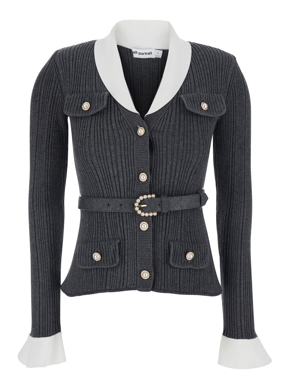 Self-Portrait Women Grey Cardigan With Ribbed Texture And Long Sleeves In Fabric And Cotton Women SELF-PORTRAIT