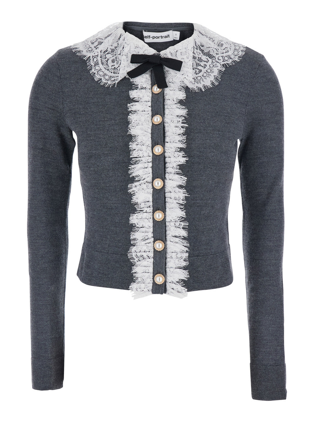 Self-Portrait Women Grey Cardigan With Lace Collar In Wool For Women SELF-PORTRAIT