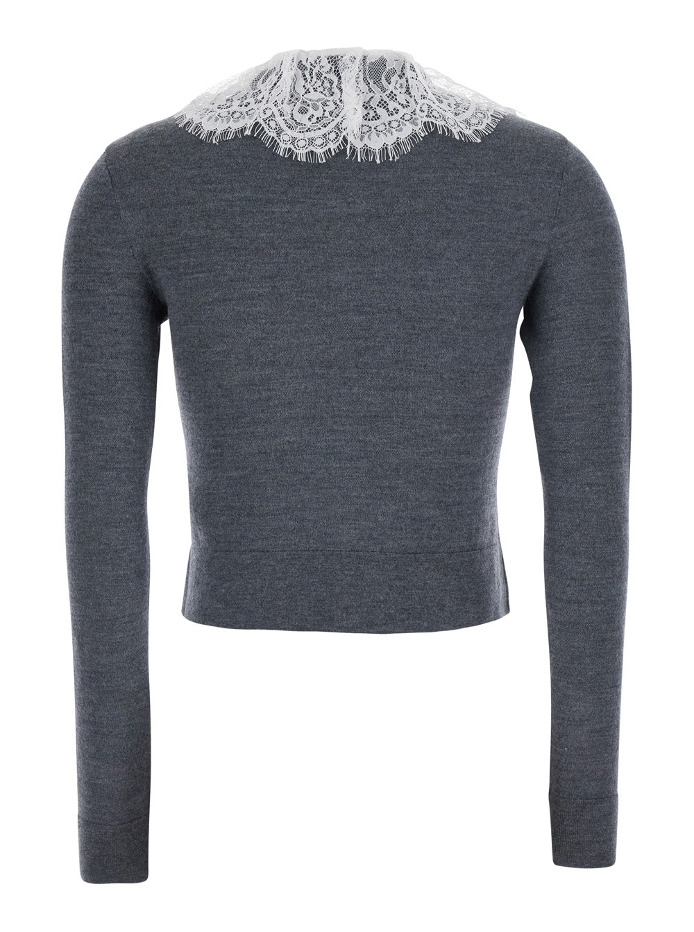 Self-Portrait Women Grey Cardigan With Lace Collar In Wool For Women SELF-PORTRAIT