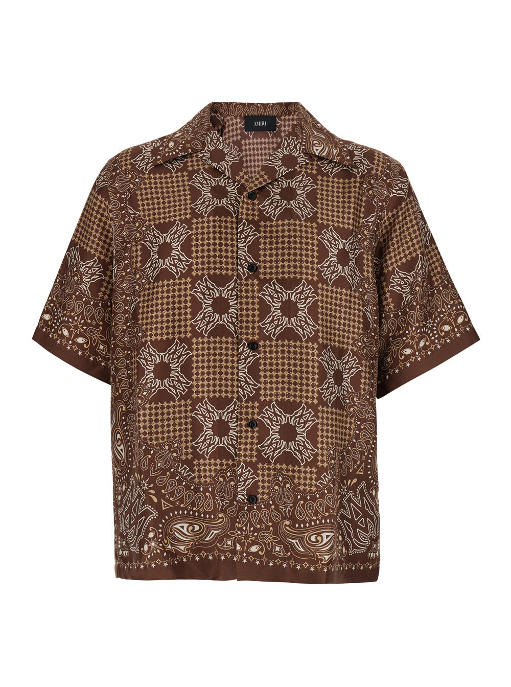 Amiri Men Brown Bowling Shirt With Cuban Collar And All-Over Geometric Print In Silk For Men AMIRI