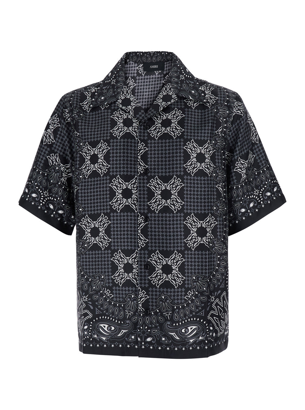 Amiri Men Black Bowling Shirt With Cuban Collar And All-Over Geometric Print In Silk For Men AMIRI