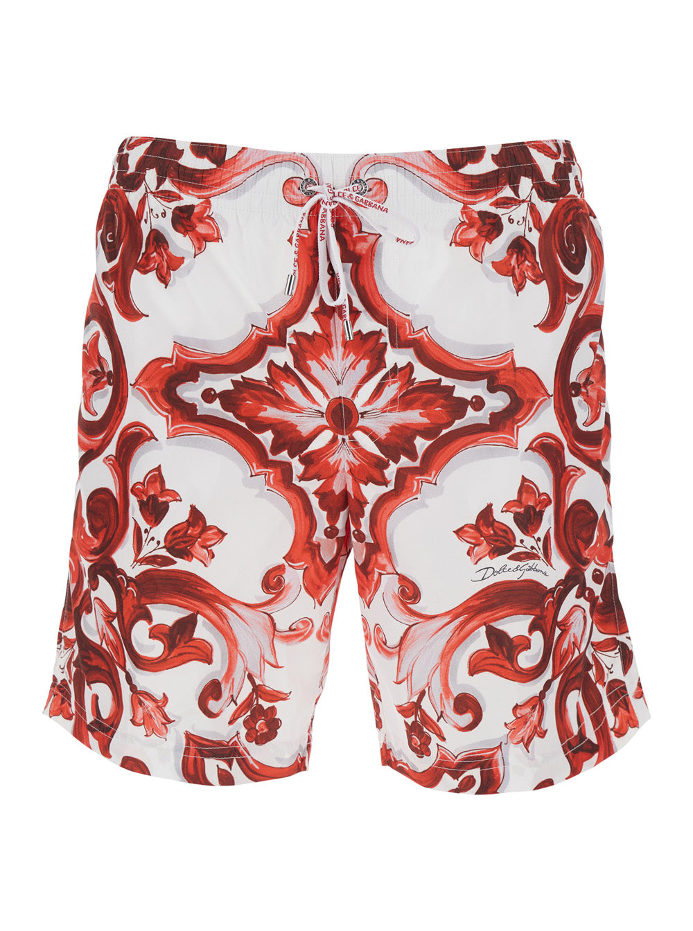 Dolce & Gabbana Men Bordeaux Swim Shorts With Drawstring Waist And All-Over Maiolica Print In Tech Fabric For Men DOLCE & GABBANA