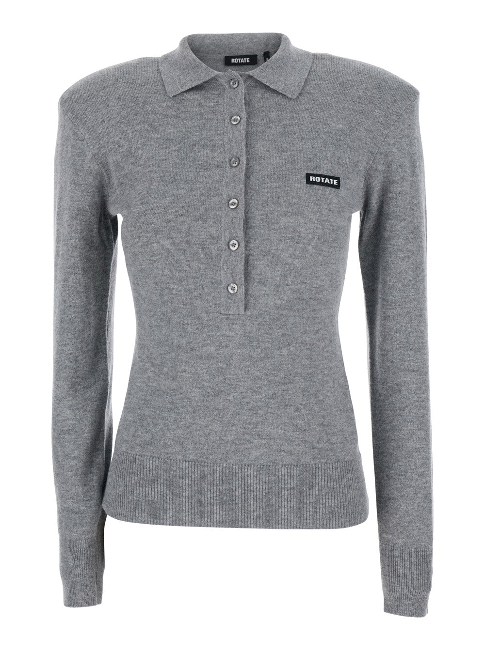 Rotate Women Grey Long Sleeve Polo With Classic Collar And Logo Patch On Front In Wool For Women ROTATE