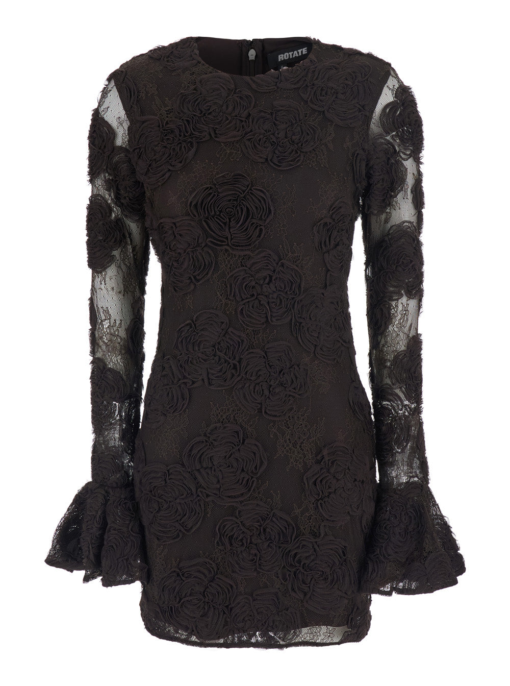 Rotate Women Brown Mini Dress With All-Over Floral Embroidery And Long Flared Sleeves In Tech Fabric For Women ROTATE
